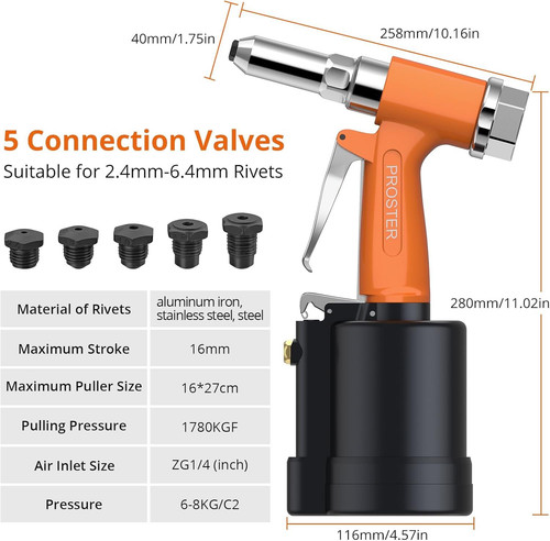 Proster Pneumatic Riveter – 5 Nozzles Rivet Gun, 3924LBF Pulling…