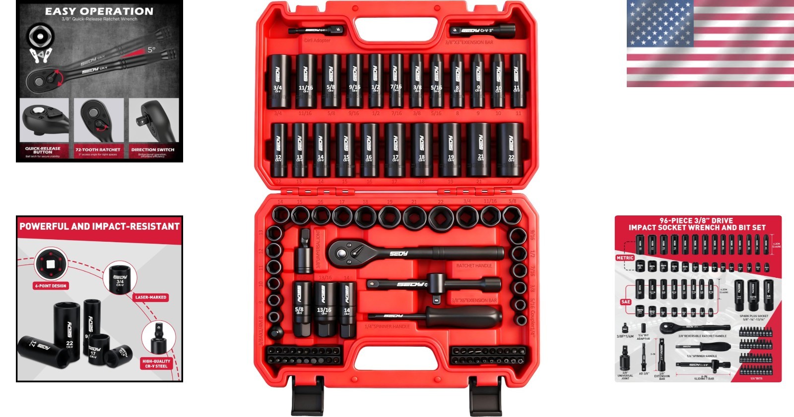 96-Piece 3/8″ Drive Impact Socket Set – SAE & Metric Durability for Mechanics