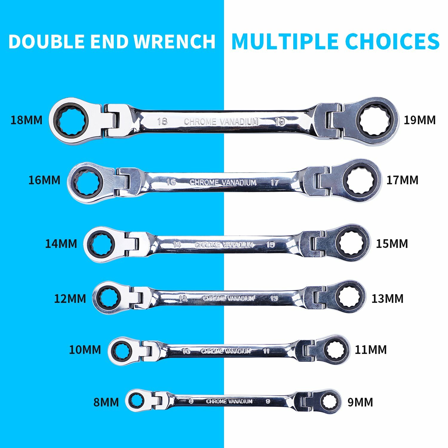 Double Box End Ratcheting Wrench Flex-Head Extra Long 6PCS Spanner Set Metric US