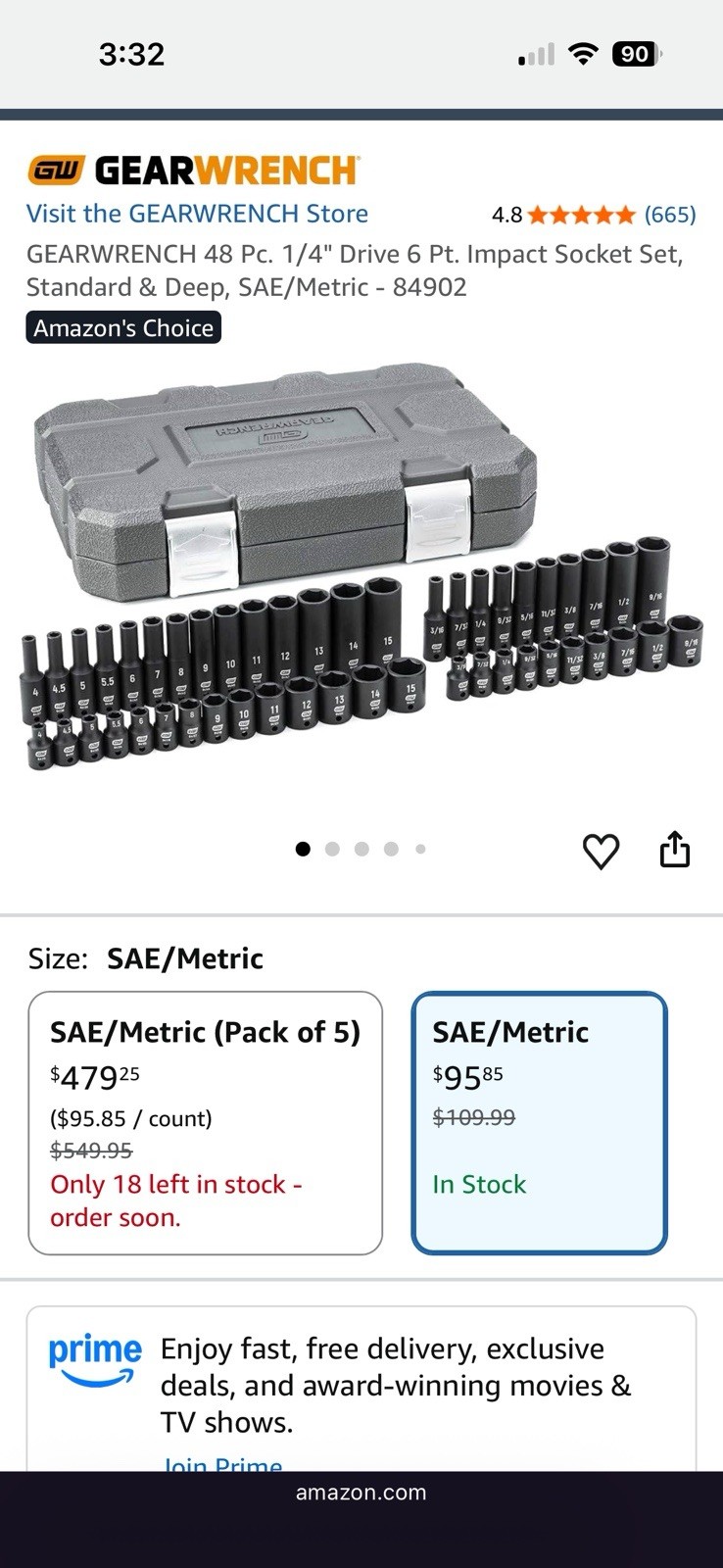Gearwrench 48-Pc 1/4″ Drive 6-Point Impact Socket Set SAE/Metric Standard Deep