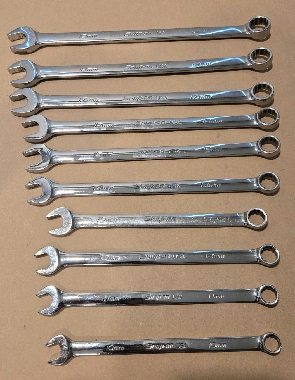 Snap On USA 10MM-19MM 12PT Metric Long Flank Drive + Combination Wrenchs READ AD