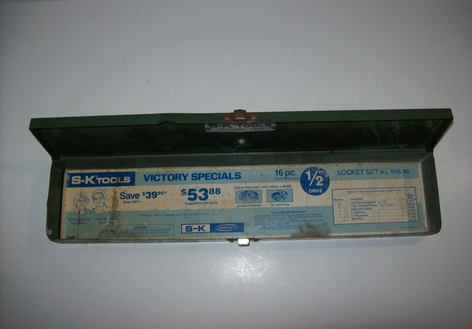 EMPTY Vintage S-K Tools 1/2″ Dr Green Metal Socket Set 4116-80 Case Box