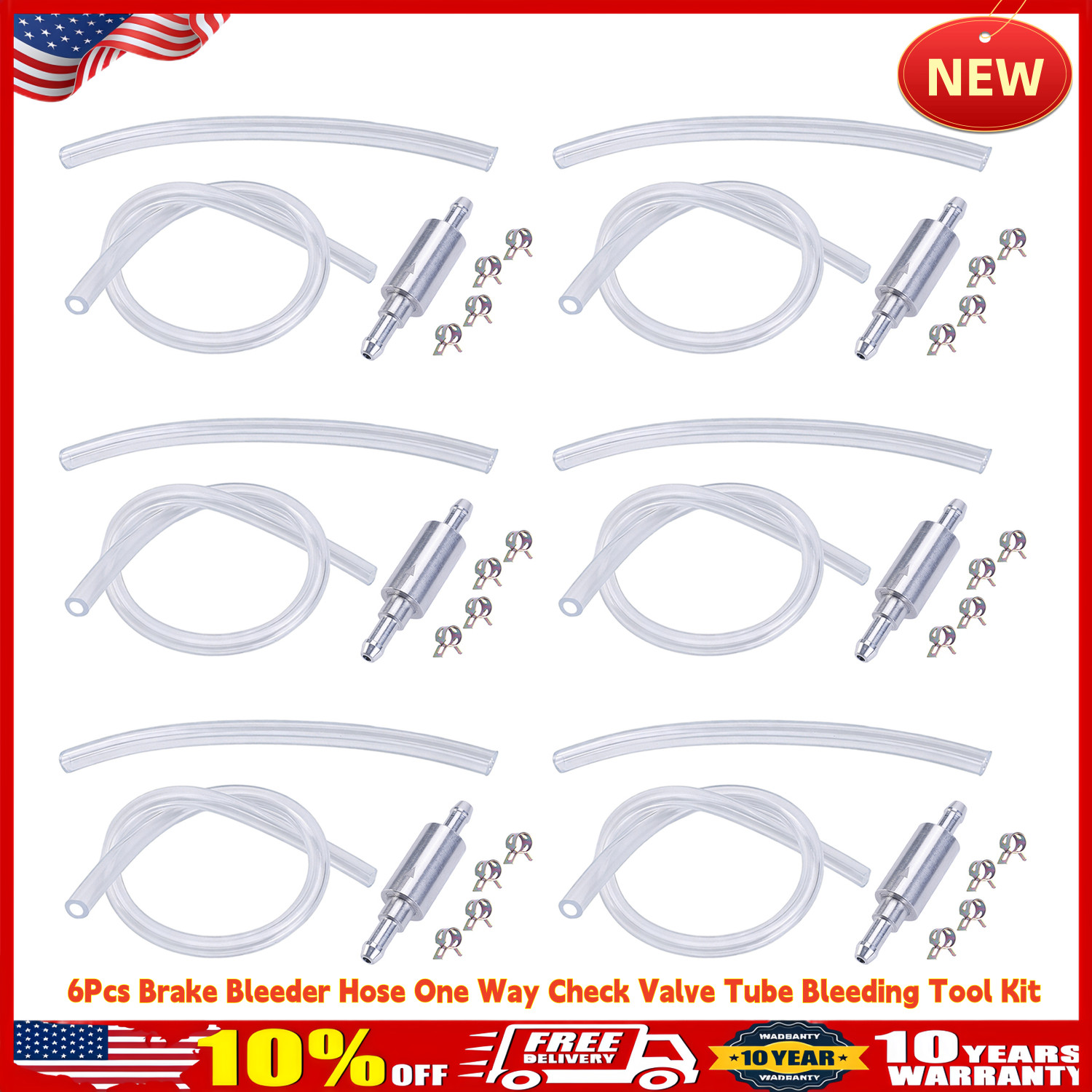 6 PCS BRAKE BLEEDER HOSE, ONE WAY CHECK VALVE TUBE BLEEDING TOOL KIT SILVER US