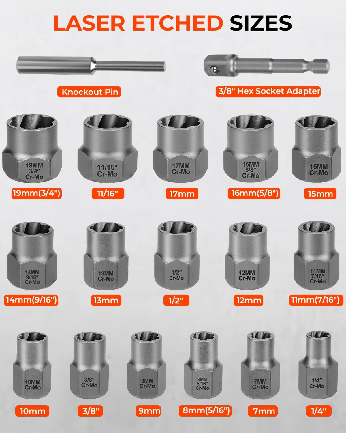 18-Piece Bolt Extractor Set – 3/8″ Drive for Damaged, Rusted, Rounded Bolts & Nu