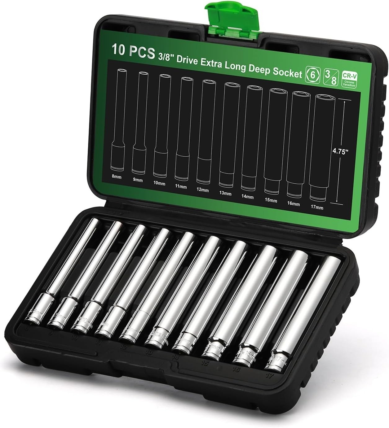 10PCS 3/8-Inch Drive Extra Deep Metric Socket Set, 6 Point, 8mm to 17mm, 120MM
