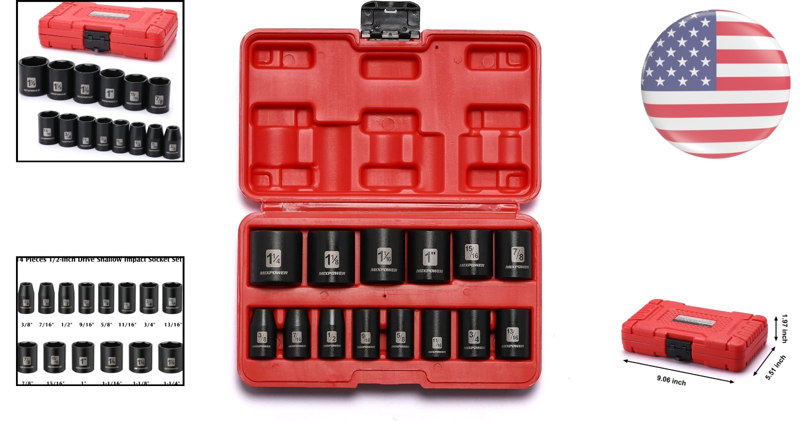1/2-Inch Drive Shallow Impact Socket Set – 3/8 to 1-1/4 Inch Sizes