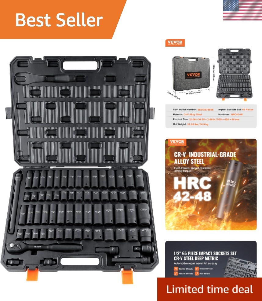 1/2″ Drive Impact Socket Set, 65 Piece SAE 3/8″ to 1-1/4″ and Metric 10-24mm,…