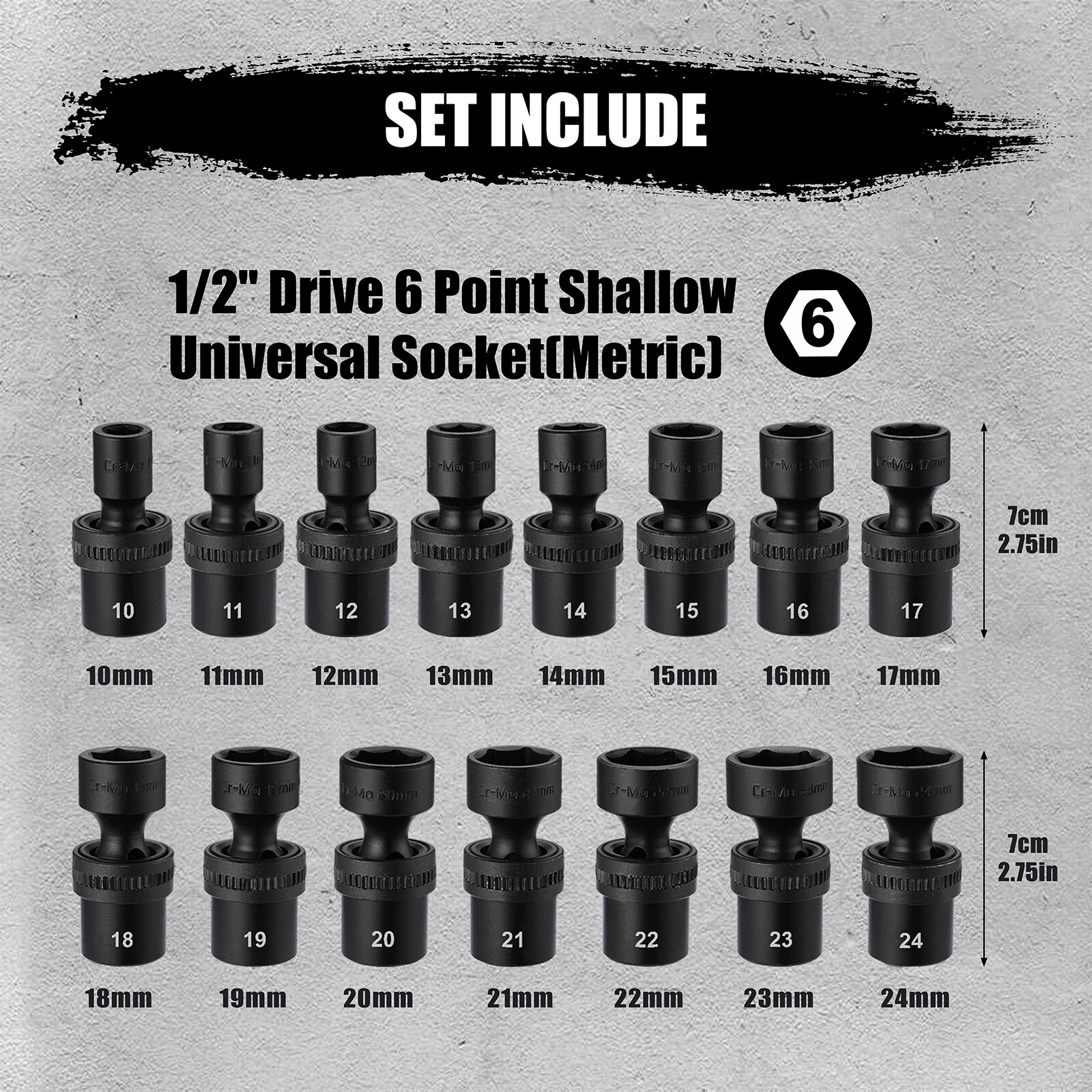 15 Piece 1/2″ Drive 6 Point Universal Flex Impact Socket Set, Metric, 10mm- 24mm