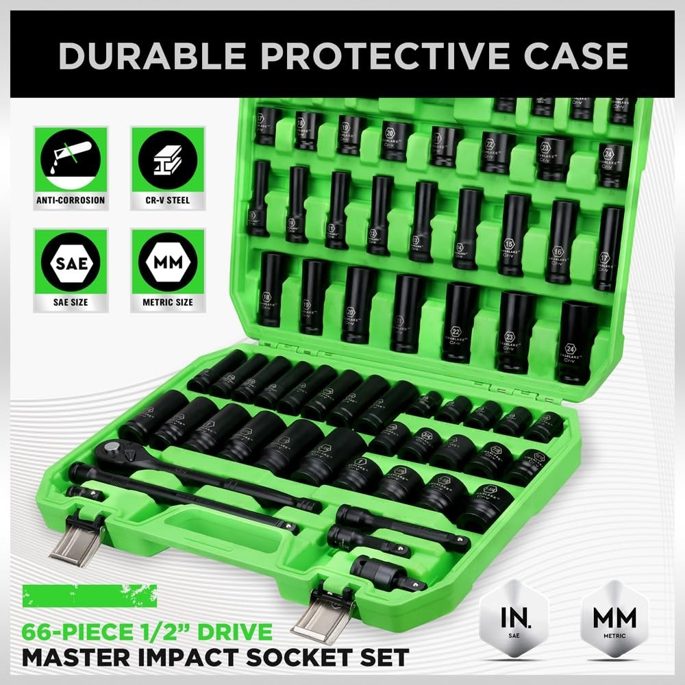 66-Piece Impact Socket Set, 1/2″ Drive, SAE & Metric, 6 Point, Cr-V, Ratchet & E