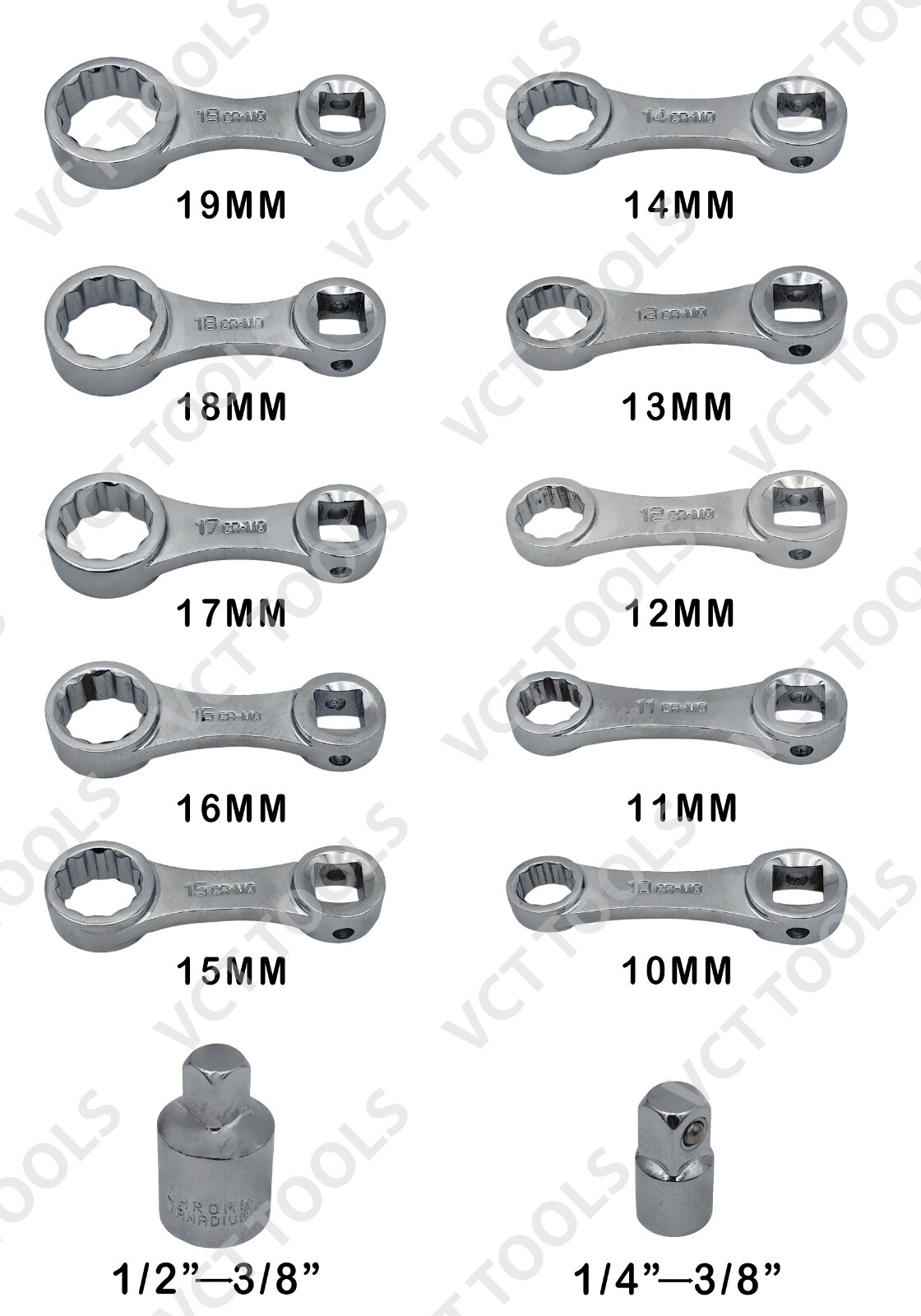 VCT 12Pc Metric 12-Point Box End Torque Adapter Extension Set, 3/8″ Dr. 10-19mm