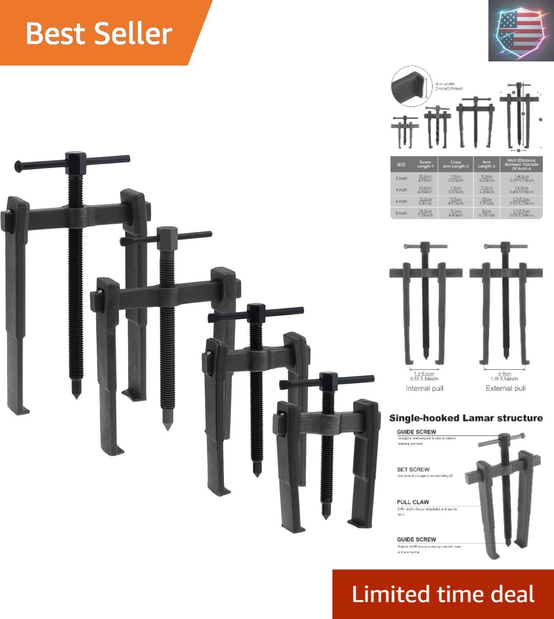 4 Pcs 2 Jaw Gear Puller Set 3/4/6/8 Inch – Heavy Duty Carbon Steel Reversible..,