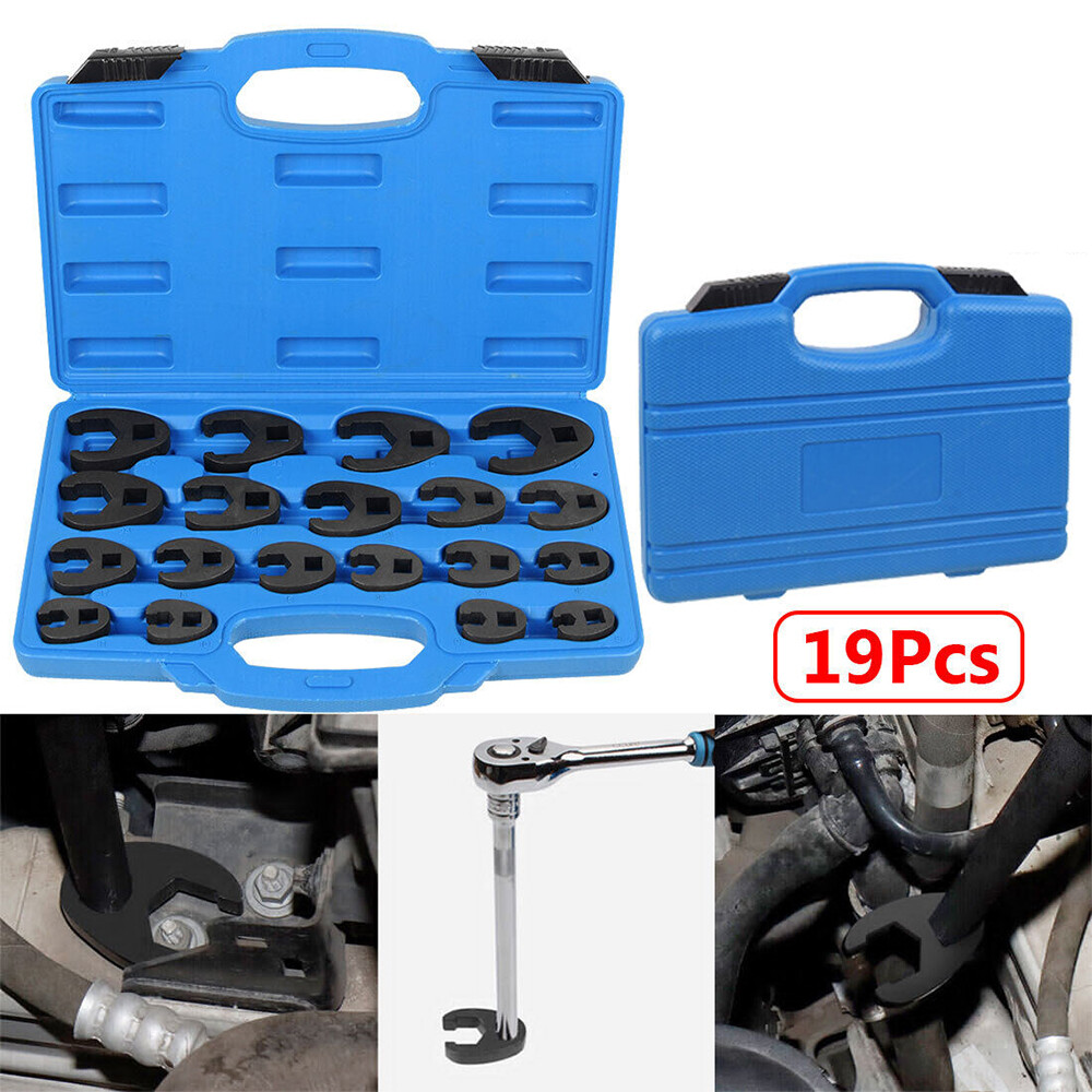 19PCS Flare Nut Crowfoot Wrench Set Metric Crows Foot Wrench Kit 3/8″ 1/2″ Drive