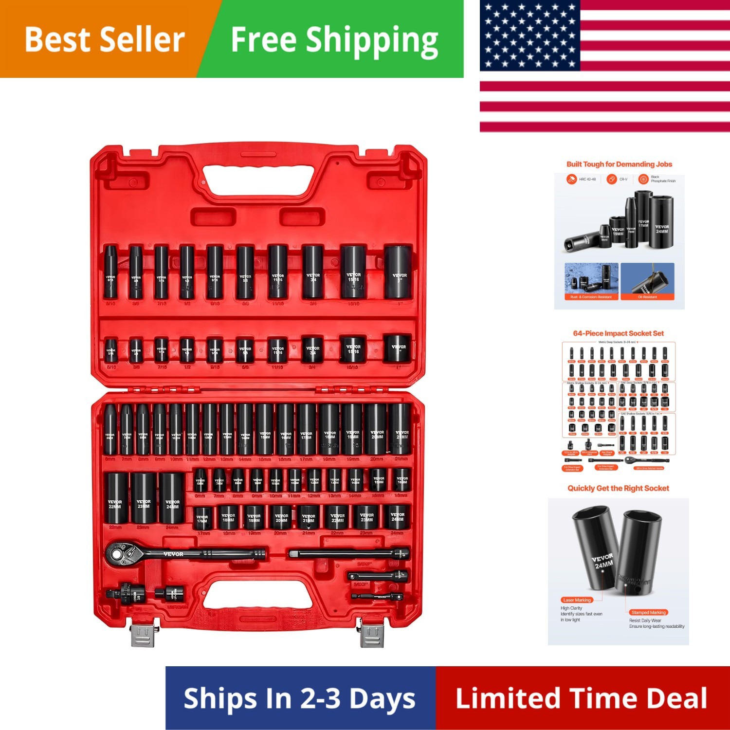 Impact Socket Set 3/8″ Drive, 64-Piece Standard SAE 5/16 to 1 inch & Metric 6…