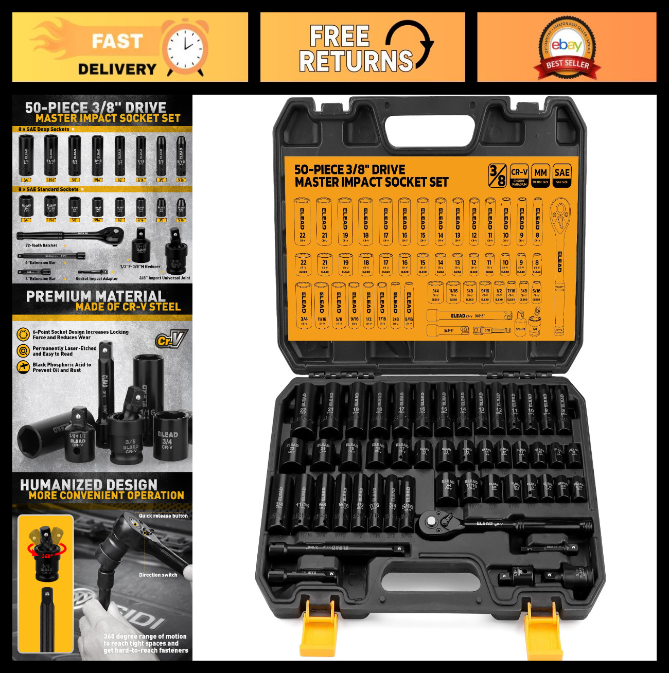 50-Piece 3/8″ Drive Impact Socket Set – Metric & Standard, Universal Joint, Ratc