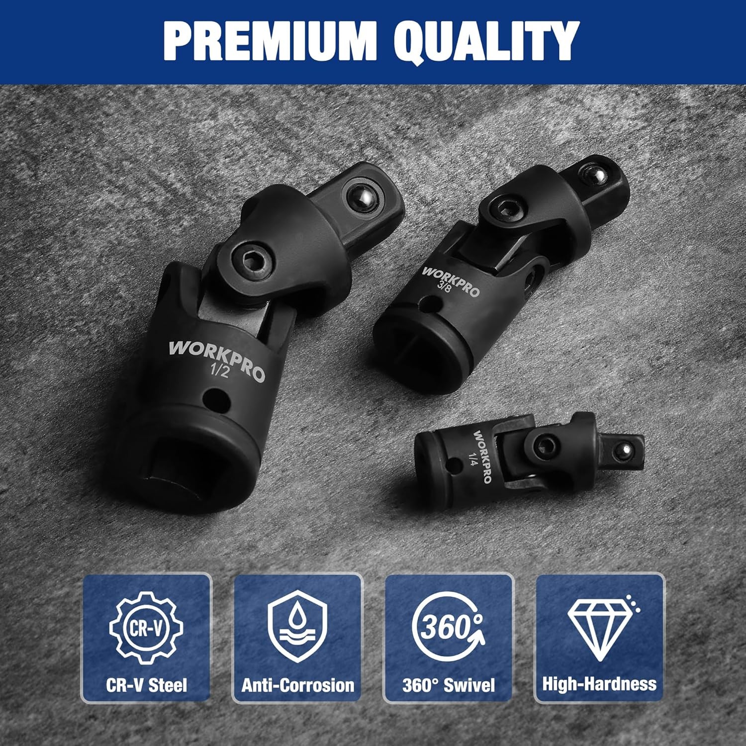 WORKPRO 3PC Universal Joint Socket Adapter Flexible U-Joint Set 1/4″ 3/8″ 1/2″Dr