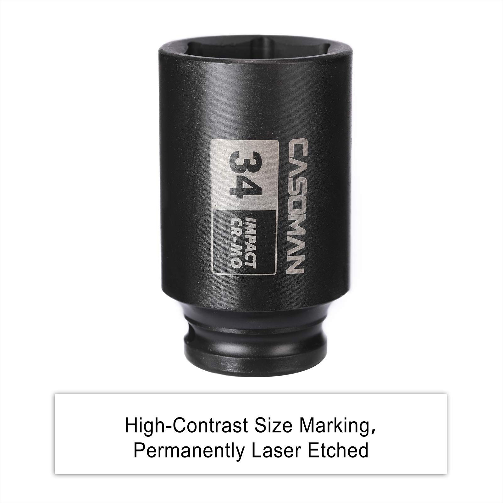 CASOMAN 1/2″ Drive x 34 mm Deep 6 PT Impact Socket, CR-MO, 34 (Deep)