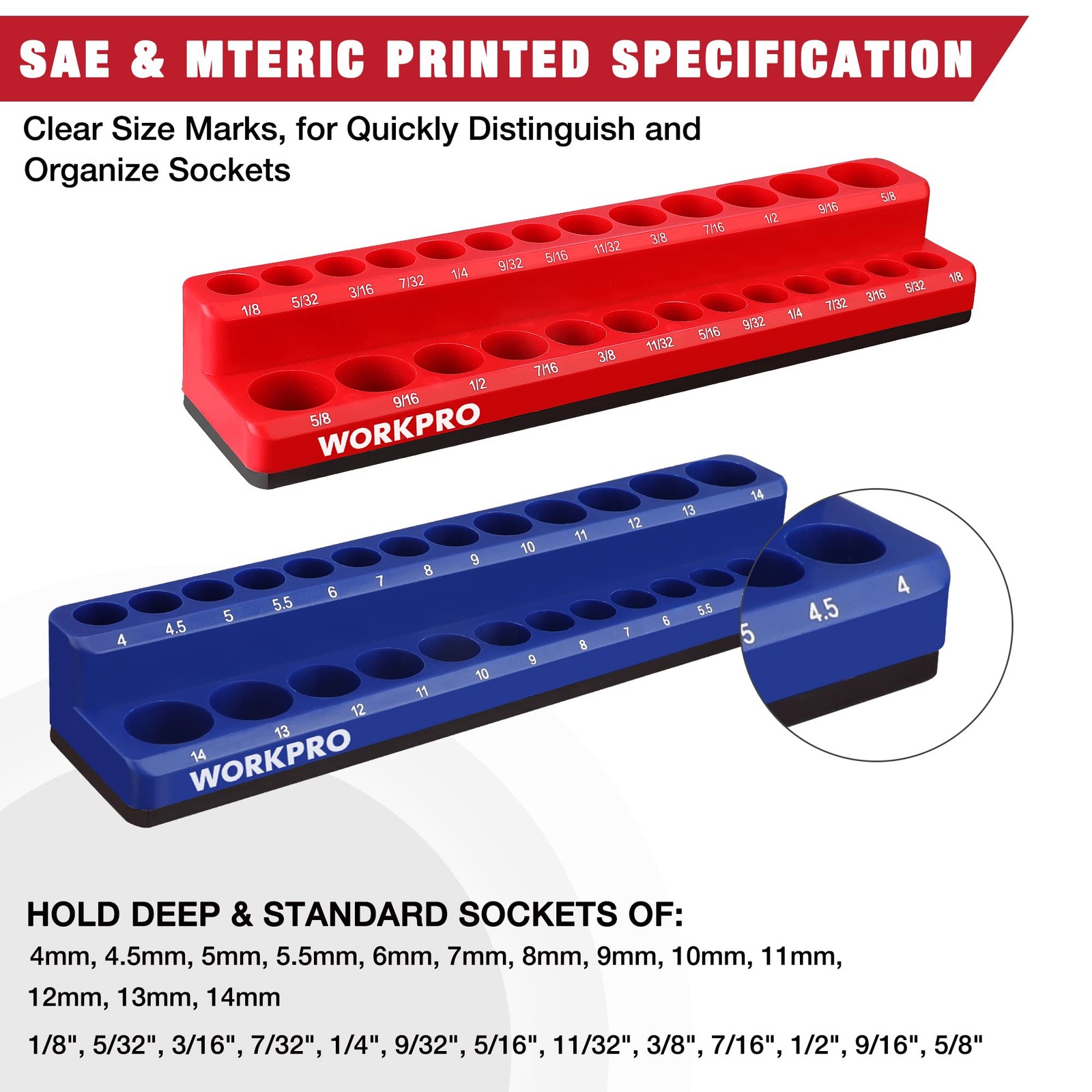 WORKPRO 1/4-inch Magnetic Socket Organizer Set, 2-Piece SAE & 1/4″ SAE&Metric