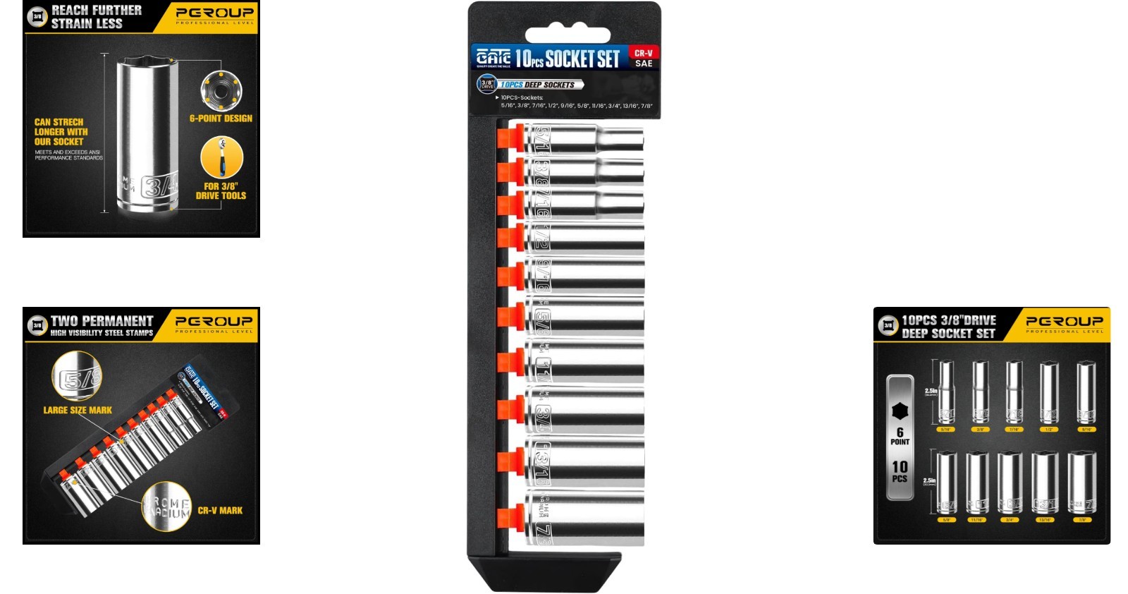 Complete 10-Piece SAE Deep Socket Set – 3/8 Drive, Chrome Finish & Mounting Rack