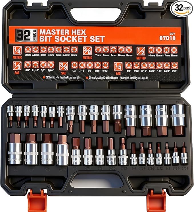 32 Piece Hex Bit Socket Set SAE Metric 1/4 3/8 1/2 Drive High Torque S2 Steel