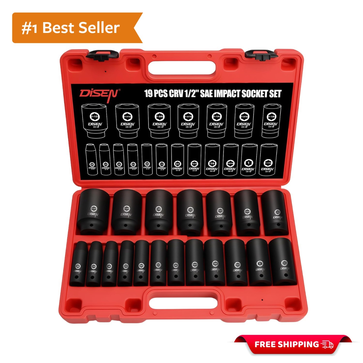 19 Pcs 1/2″ SAE Impact Socket Set, Deep Sockets 3/8″- 1-1/2″, 6-Point Cr-V & …