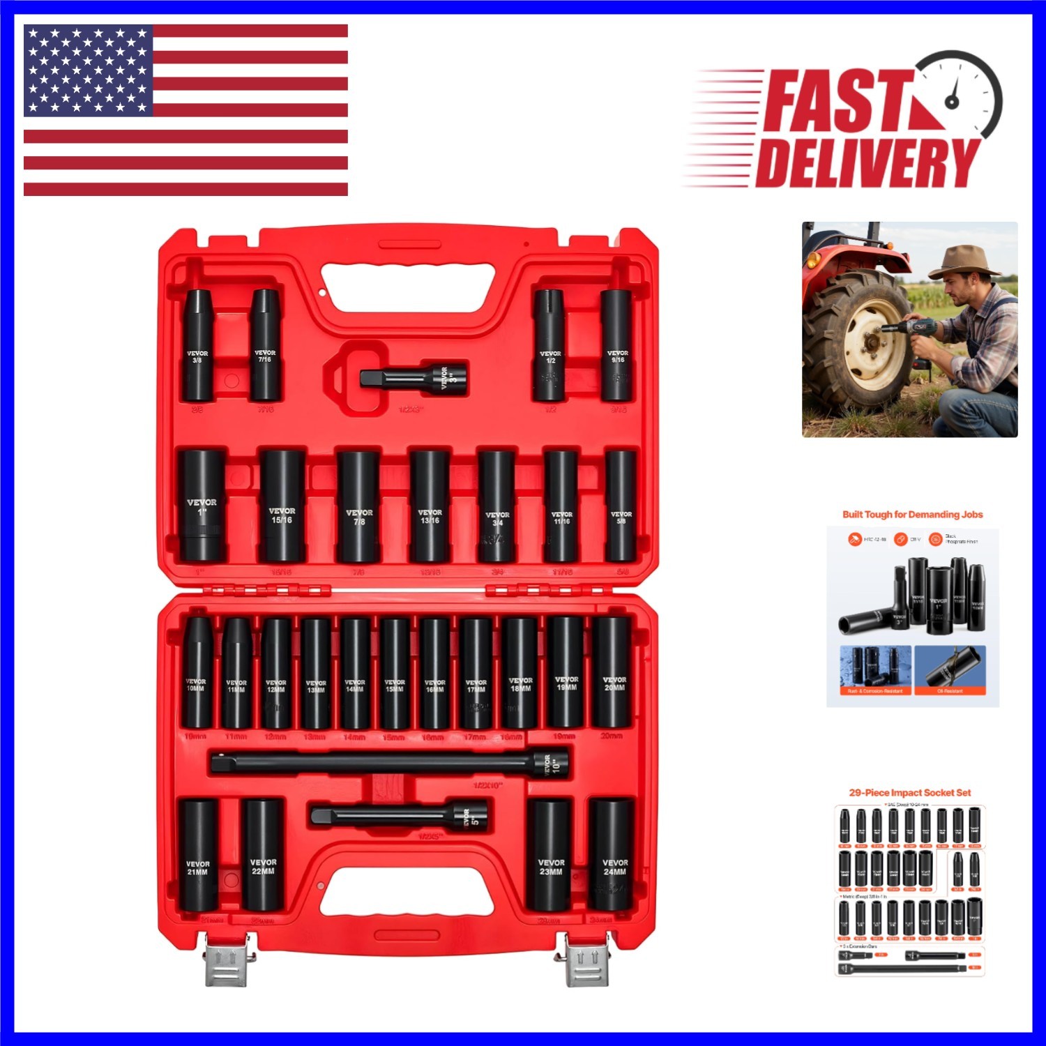 Versatile 29-Piece Deep Impact Socket Set, SAE & Metric – Black Phosphate Finish