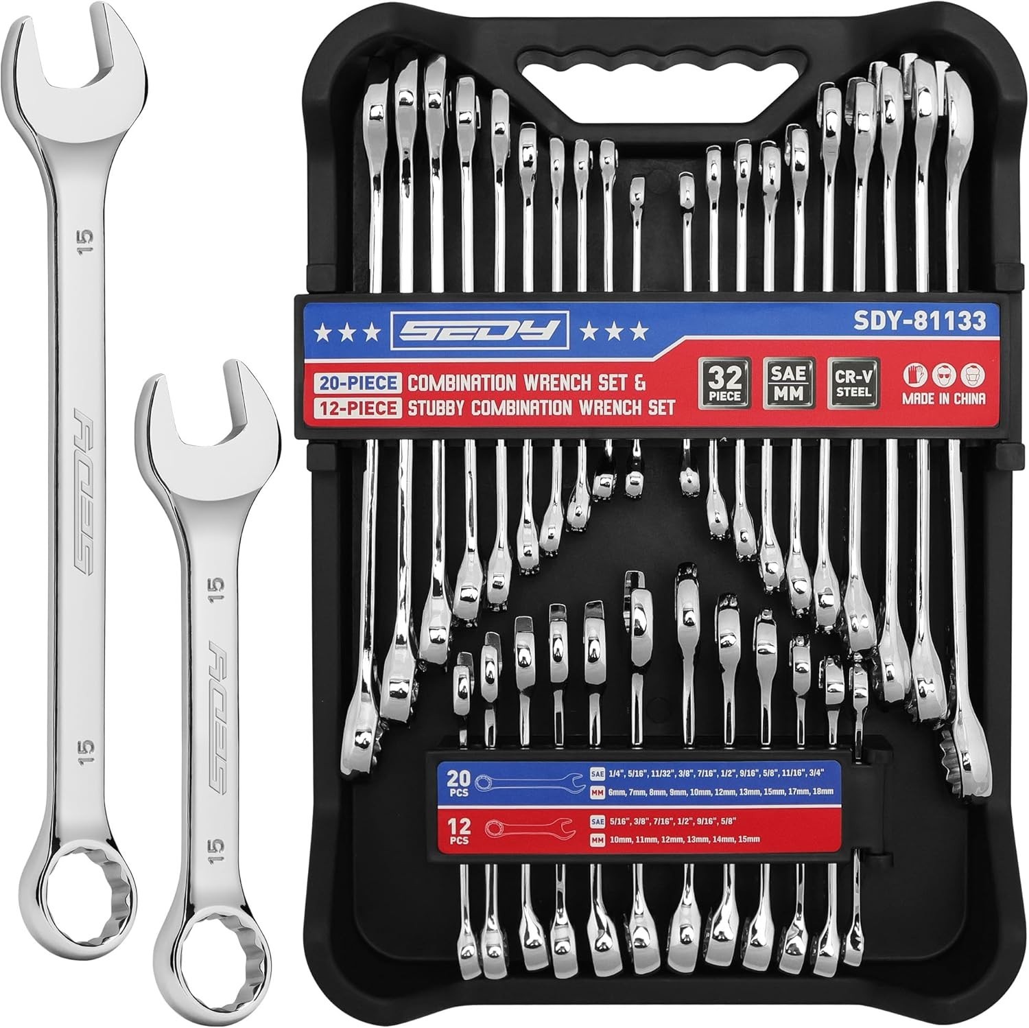 32-Piece Combination Wrench Sets SAE & Metric, Open-Box-End Combination Stubby