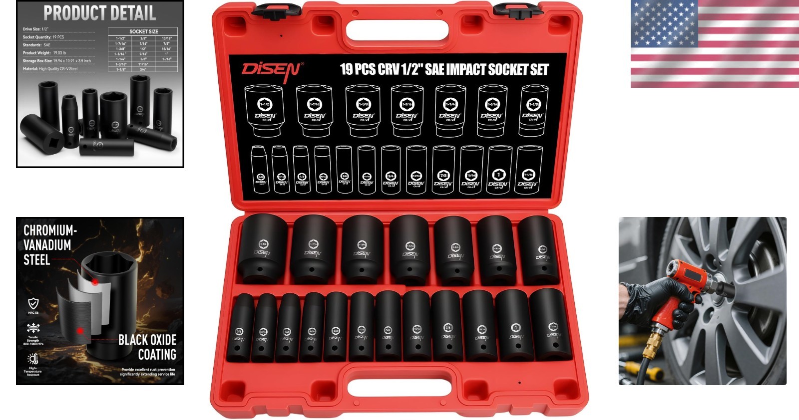 19 Pcs 1/2″ SAE Impact Socket Set, Deep Sockets 3/8″- 1-1/2″, 6-Point Cr-V & …