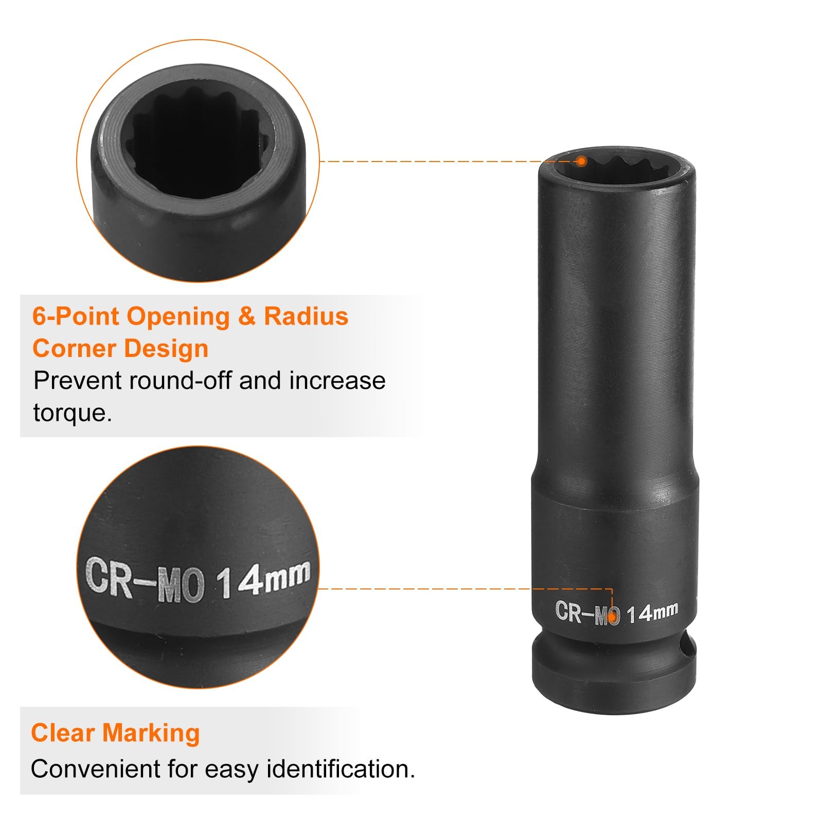 HARFINGTON 12-Point Deep Impact Socket 1/2 Inch Drive 14mm Metric Chrome
