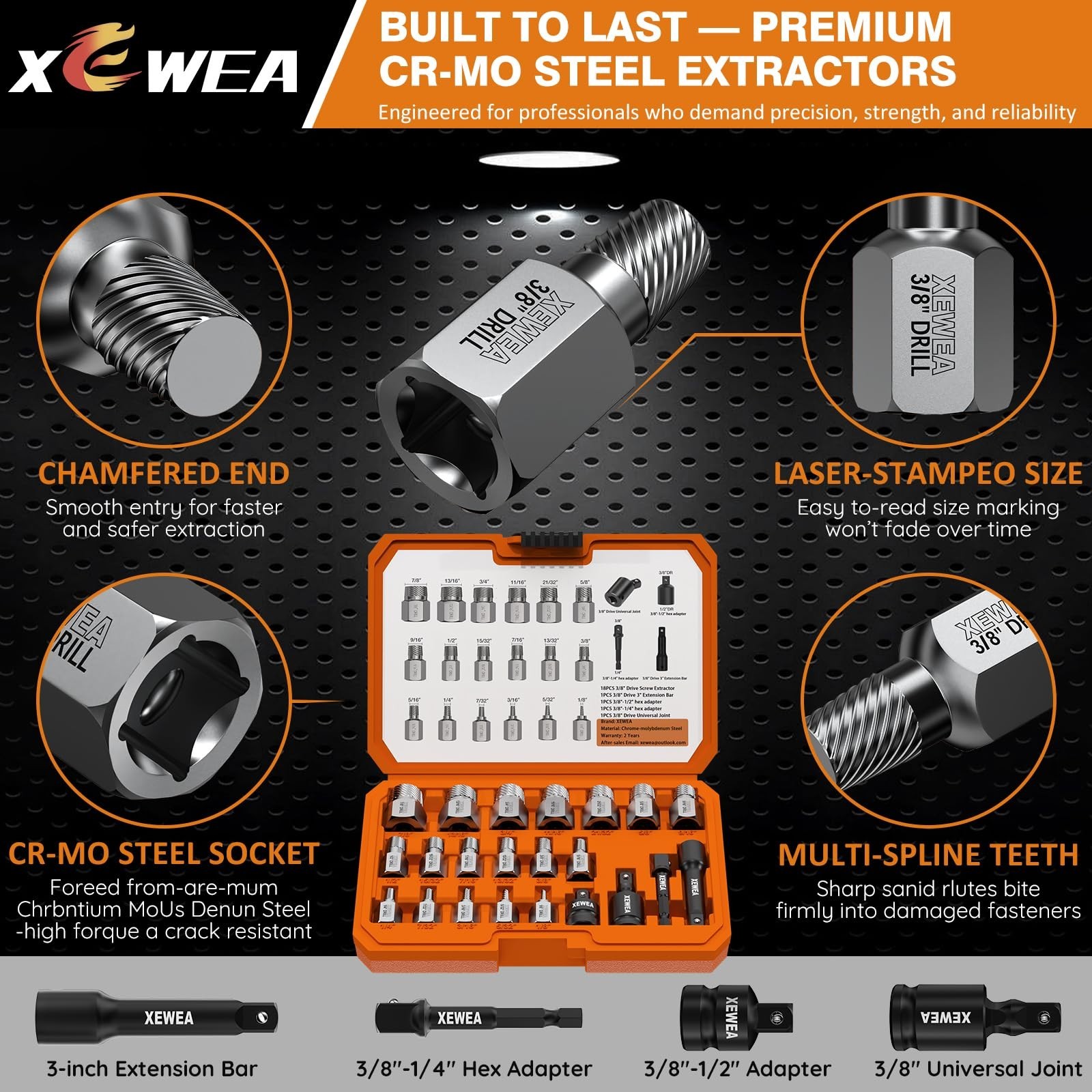22PCS Heavy-Duty Screw Extractor Set – Multi-Spline Bolt Remover Kit for Strippe