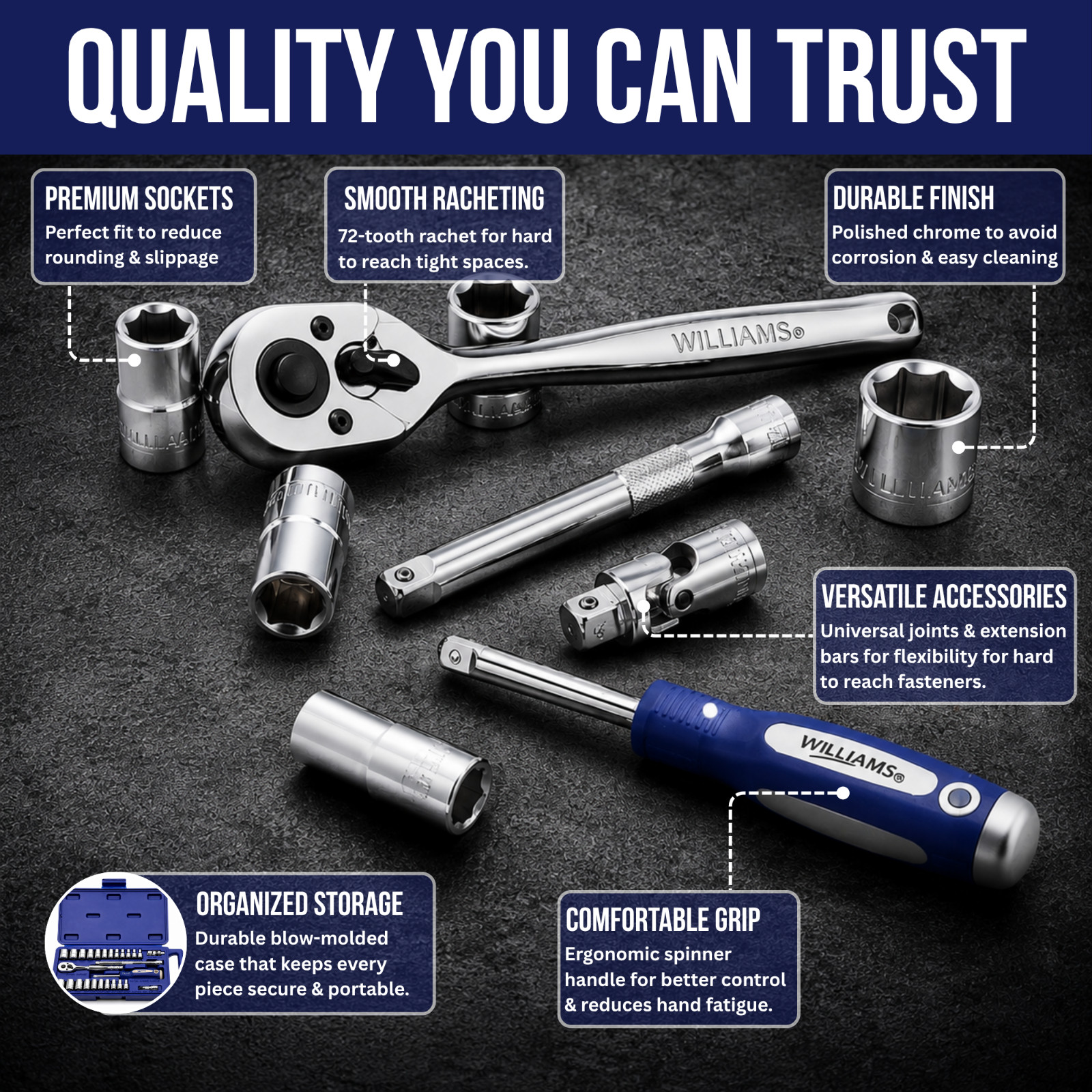 Williams 27Pc 1/4″ Drive Socket & Ratchet Tool Set SAE/Metric Chrome Sockets