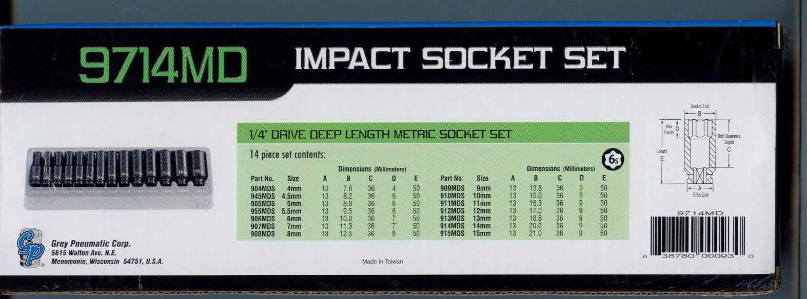 Grey Pneumatic (9714MD) 1/4″DR 4MM To 15MM Deep Impact Socket Set 14PCS