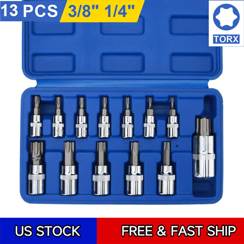 13PCS Drive Torx Bit Socket Set 1/4″ 3/8″ 1/2″ T8-T70 Star Bit Socket Set Tool