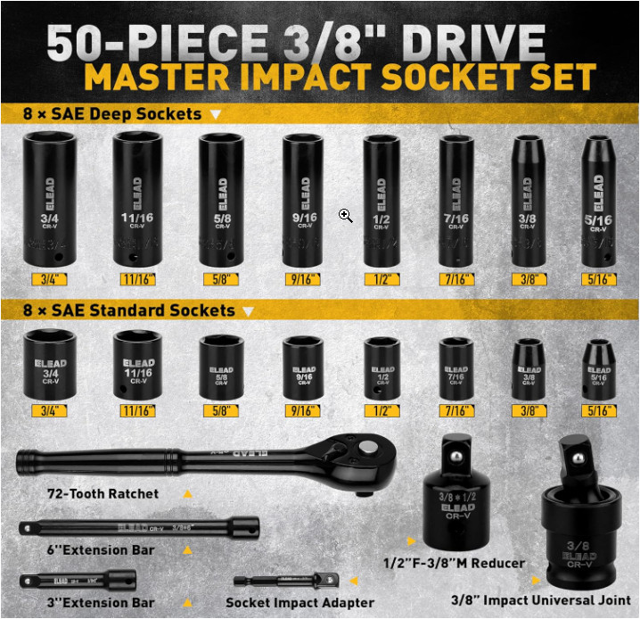 3/8» Drive Impact Socket Set 50Pcs Shallow & Deep Socket Set Metric & Standard