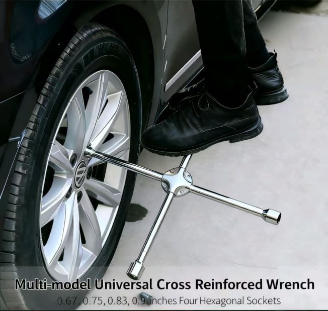 14Inch Universal 4-Way Tire Iron Wheel Lug Nut Wrench Tool Silver Heavy Duty