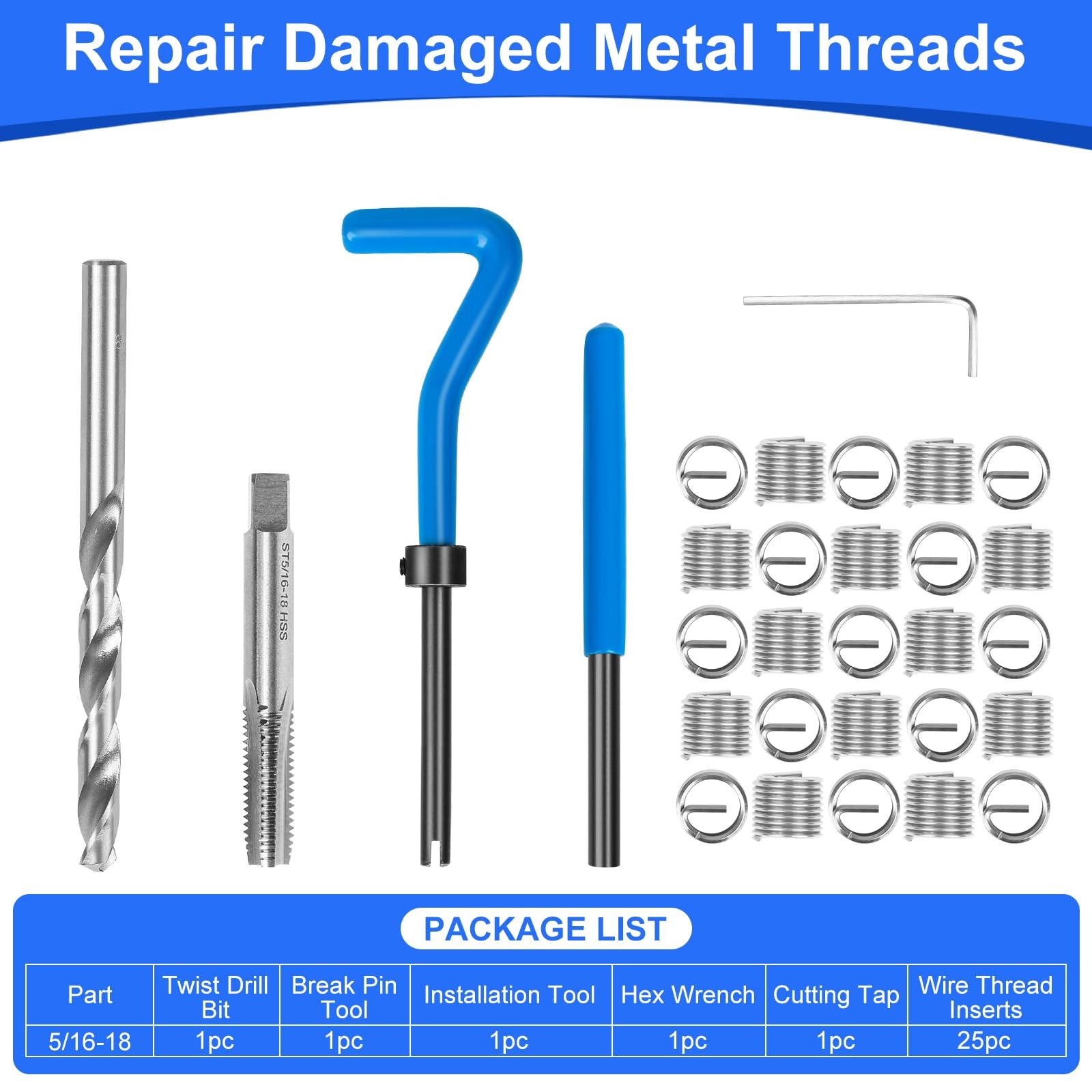 30 Pcs SAE Helicoil Thread Repair Kit 5/16-18 Inch with HSS Drill Rethreading