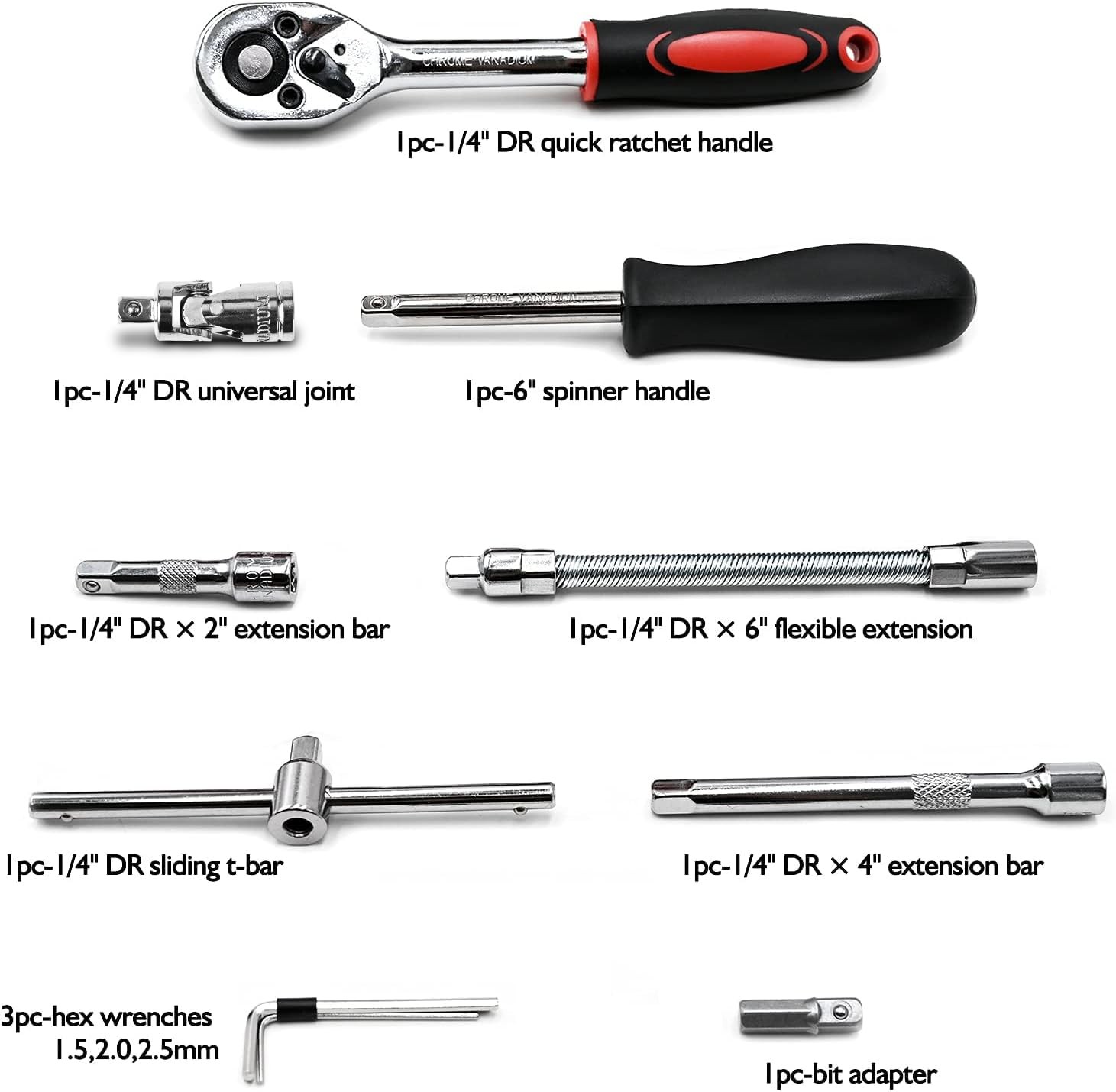 Egofine 46PCS 1/4″ Drive Socket Ratchet Set Metric Bits Wrench Tool Kit Red