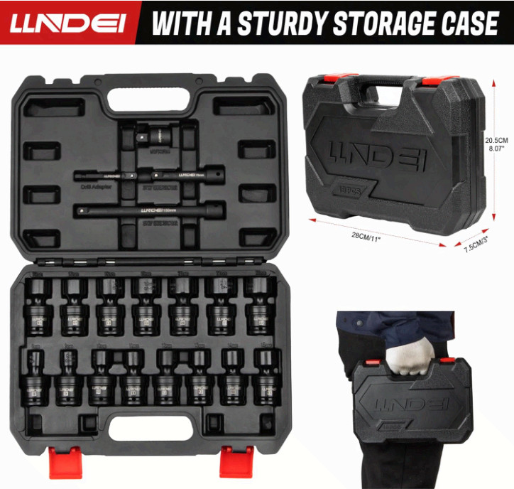 3/8″ Universal Impact Socket Set, 19PCS Metric Swivel Sockets CR-MO Kit