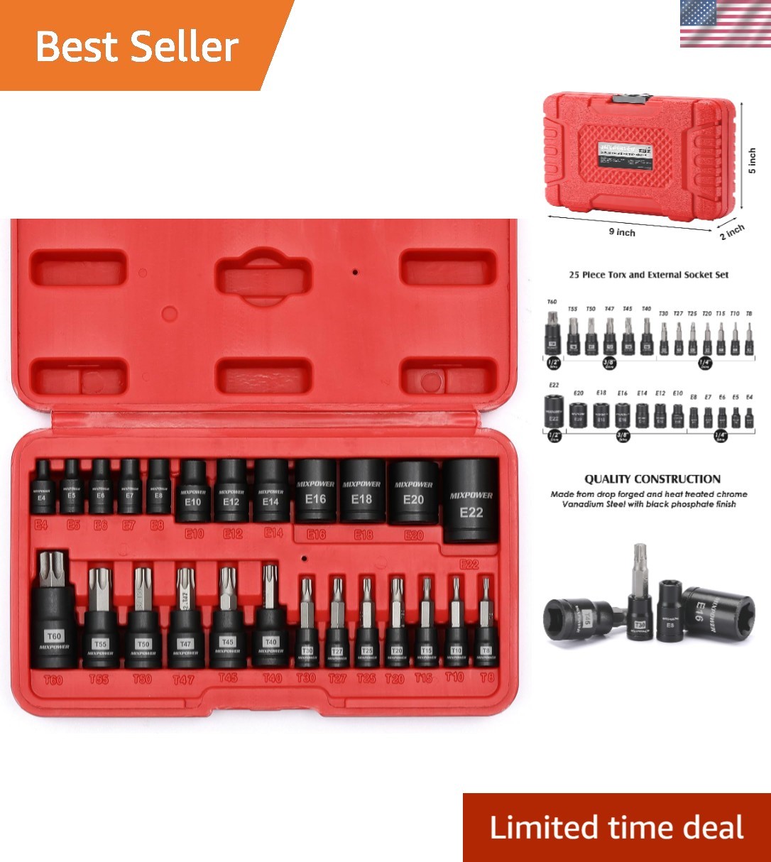 25-Piece Professional Torx Bit and E-Torx Socket Set for Durable Automotive Work