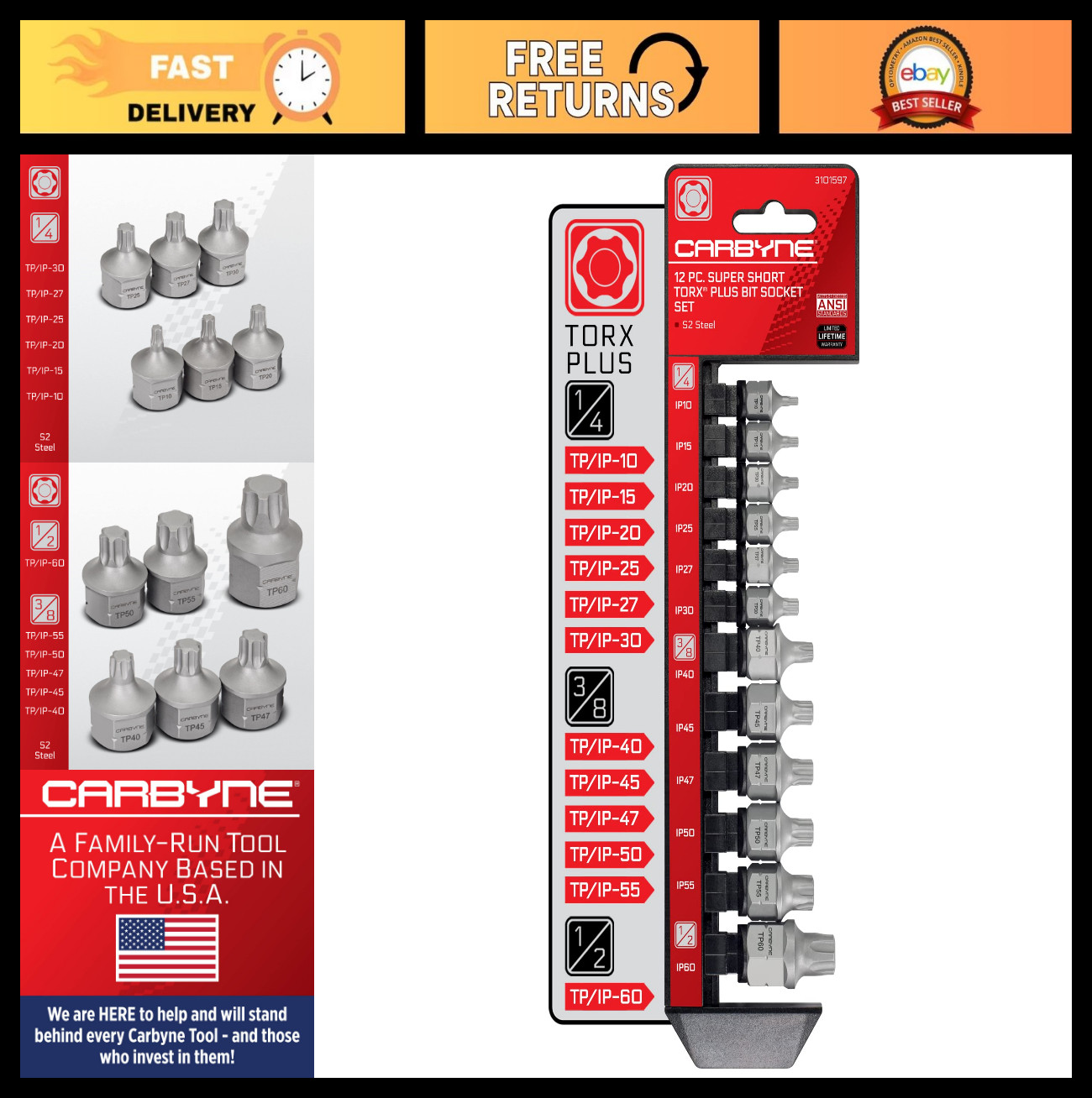 12-Piece Torx Plus Stubby Bit Socket Set, Low Profile S2 Steel, Dual Drive, Tigh