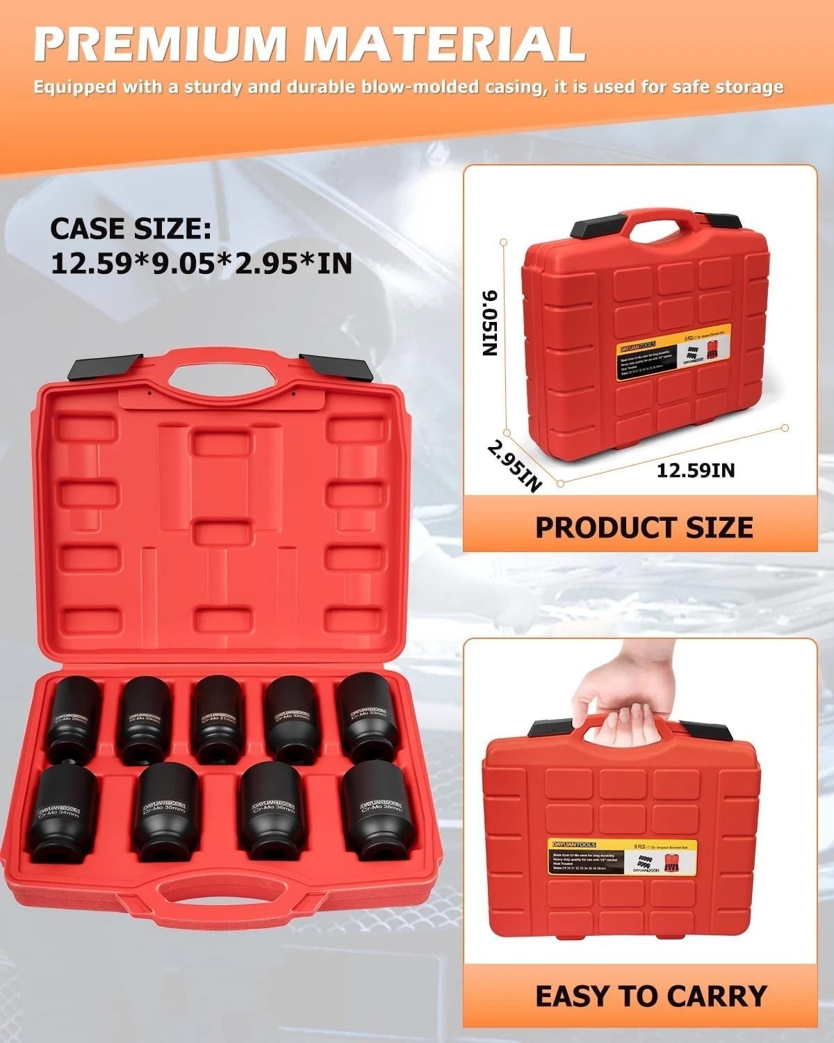 Durable 9-Piece Hex Drive Axle Nut Socket Set, 29-38mm Sizes for Most Vehicles