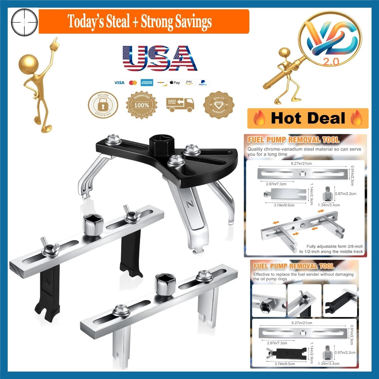 3-Piece Universal Fuel Pump Removal Tool Set for Cars Adjustable Lock Ring Sp…