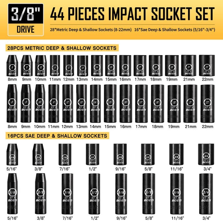 44Pc 3/8″ Drive Impact Socket Set SAE/Metric Standard+Deep 6-Point CR-V Wrench