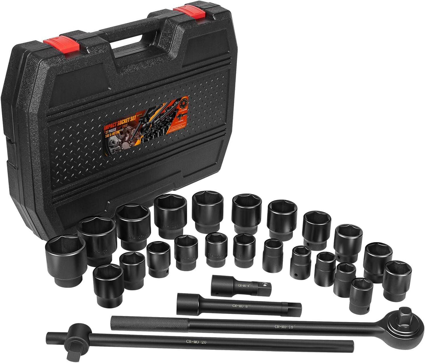 02499A 3/4-Inch-Drive Jumbo Master Impact Socket Set, SAE and Metric 27 pcs