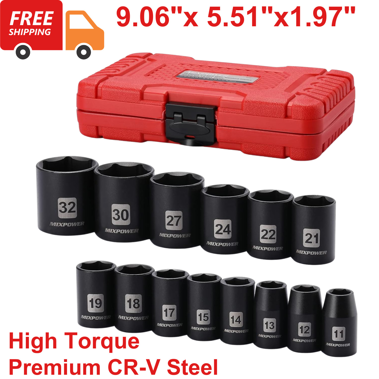 14 Pc 1/2 inch Drive Shallow Impact Socket Set 11-32mm Metric 6-Point CR-V Steel