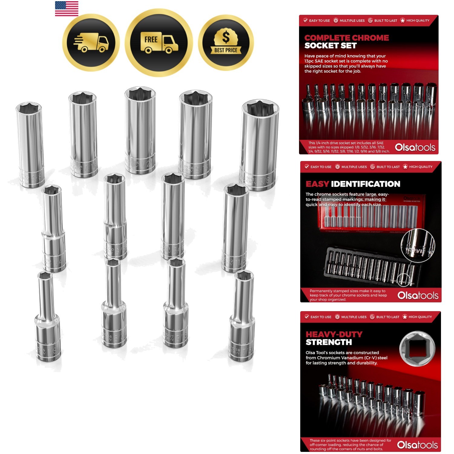 SAE Deep Socket Set – 1/4-Inch Drive, 13pc – 6-Point Chrome Sockets from 1/8″…