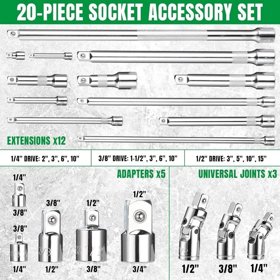 SK 20 Piece Socket Extension Set, 1/4″, 3/8″ and 1/2″ Drive Bar,…