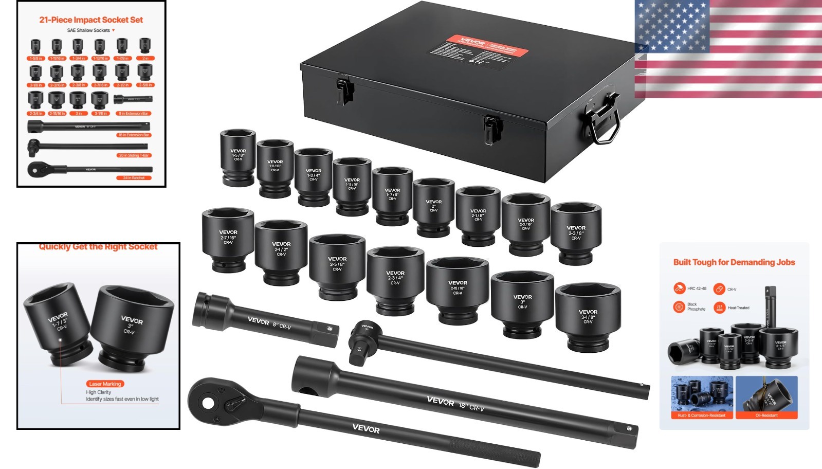 High-Torque 21-Piece Impact Socket Set with Extension Bars
