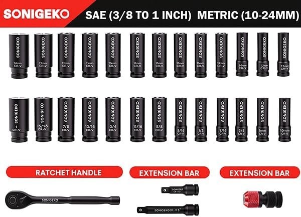 30Pc 1/2″ Drive Impact Socket Set Deep SAE Metric CR-V Extension Bar Ratchet Cas