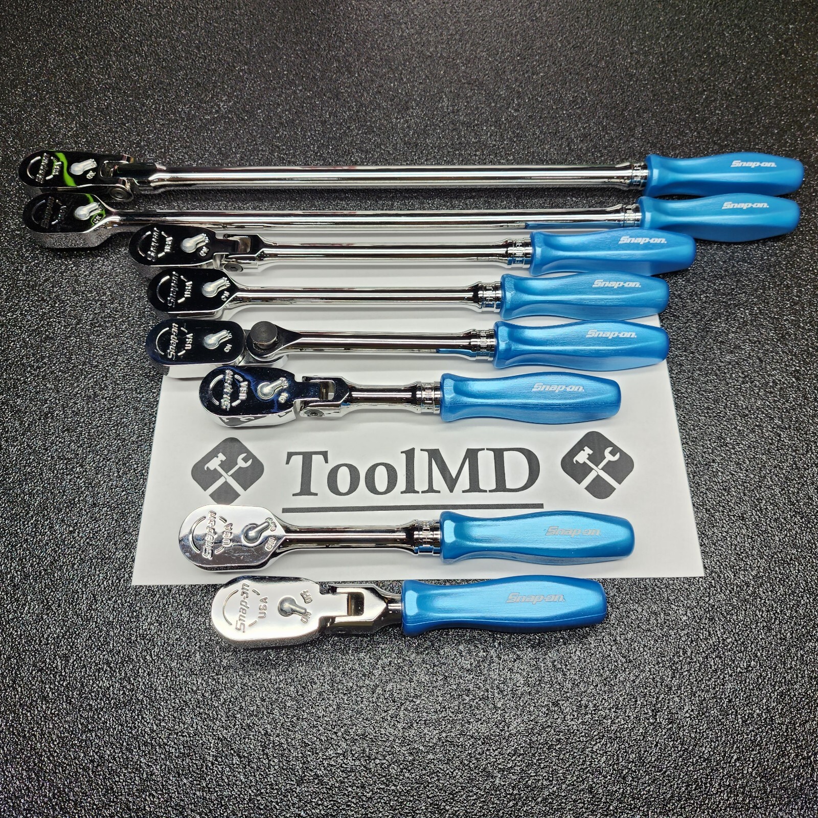 Snap-on Tools USA NEW 8pc PEARL BLUE 3/8″ Drive Fixed & Flex Head Ratchet Set
