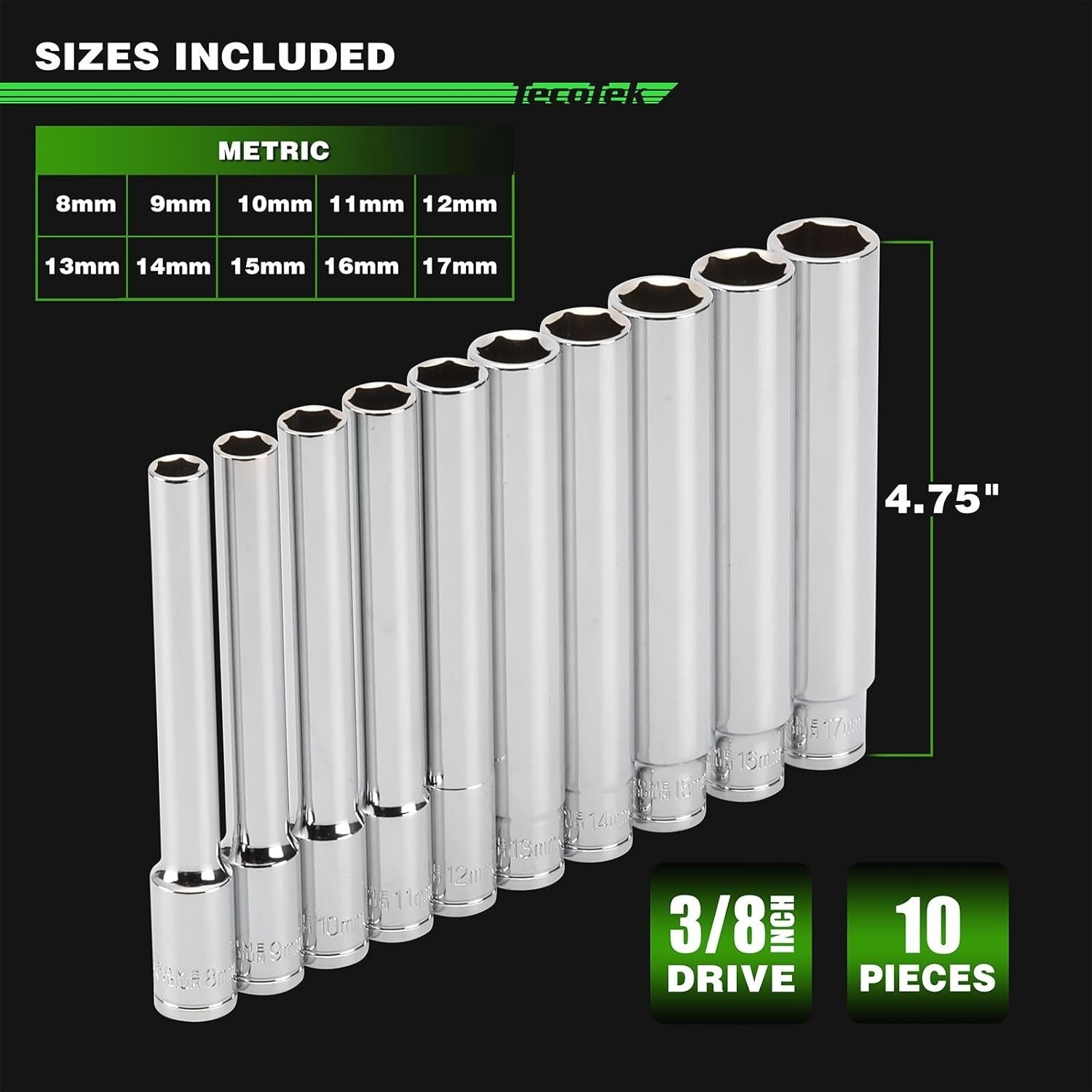 10PCS 3/8-Inch Drive Extra Deep Metric Socket Set, 6 Point, 8mm to 17mm, 120MM